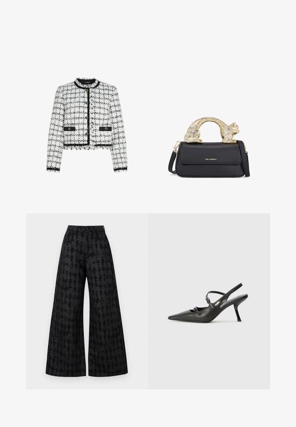 Witte en zwarte tweed jas met een cropped ontwerp, ronde nek, gouden knopen en zwarte accentranden. Kenmerkt zich door rafelige randen en een gestructureerd oppervlak.; Zwart pullover sweatshirt met een ontwerp van een witte kraagoverhemd. Heeft een gestructureerd bovenpaneel en ballonmouwen, met logo-detail.; Zwarte wijde broek met een textuurpatroon, featuring een hoge taille, zijzakken en een verborgen knoopsluiting. Zacht stoffen afwerking.; Zwarte leren slingback hakken met een spitse neus, slanke hak en decoratieve gespdetails op de bovenkant. Gladde textuur en een strakke uitstraling.; Zwarte leren handtas met een gouden kat-vormige handgreep, voorzien van een voorflap, verstelbare schouderband en logo-detail aan de onderzijde van de voorkant.