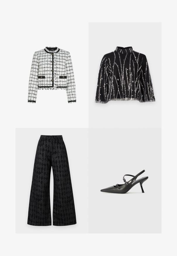 Jachetă din tweed alb-negru, cu un design scurt, decolteu rotund, nasturi aurii și accente negre. Prezintă margini desfăcute și o suprafață texturată.; Top scurt negru cu guler înalt, prezentând linii verticale din paiete argintii, mâneci transparente și țesătură texturată.; Pantaloni negri cu croială largă, cu un model texturat, având talie înaltă, buzunare frontale și închidere cu nasture ascuns. Finisaj din țesătură moale.; Pantofi cu toc slingback din piele neagră, cu vârful ascuțit, toc subțire și detaliu decorativ cu cataramă pe partea din față. Textură netedă și design elegant.