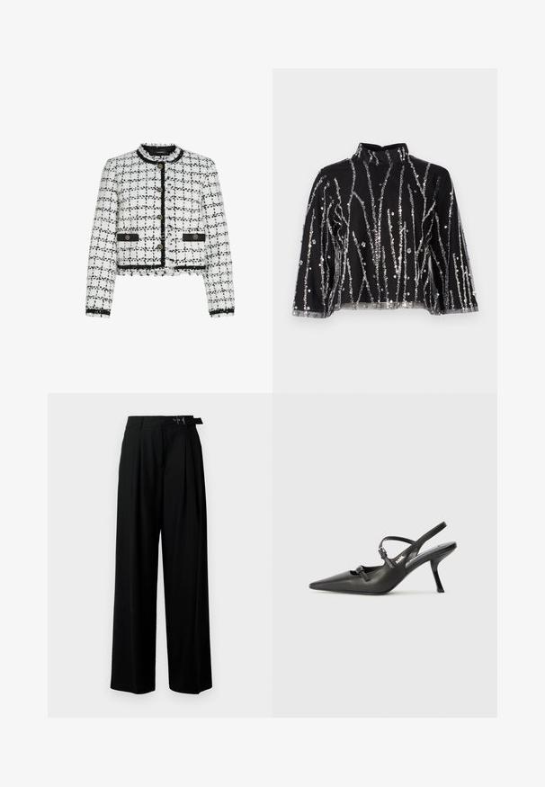 Bela in črna tweed bunda s skrajšanim dizajnom, okroglo ovratnico, zlatimi gumbi in črnimi poudarki. Ima razfrčane robove in teksturirano površino.; Črn skrajšan top z visokim ovratnikom, ki ima srebrne sequins vertikalne črte, prosojne rokave in teksturirano blago.; Črne široke hlače z visokim pasom, gubami spredaj in pasom z zaponko. Narejene so iz gladkega, lahkega materiala.; Črne usnjene sandale na peto s koničastim nosom, vitko peto in okrasno zaponko na sprednjem delu. Gladka tekstura in eleganten dizajn.
