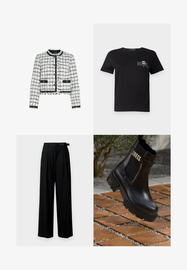 Fehér és fekete tweed dzseki, cropped fazonnal, kerek nyakkivágással, arany gombokkal és fekete díszítésekkel. A szélein ropogós részletek találhatóak, és a felülete texturált.; Fekete, rövid ujjú póló pamutból. Fehér grafikával rendelkezik, amelyen a "KARL" felirat és egy stilizált figura látható a mellkason. Kerek nyakkivágással.; Fekete, bő szárú nadrág magas derékkal, elöl pliszírozva, és csattal ellátott övvel. Simább, könnyű anyagból készült.; Fekete bőr bokacsizma tömzsi gumitalppal, elasztikus oldalsó panelekkel és arany részletként a "GUESS" márkázással.