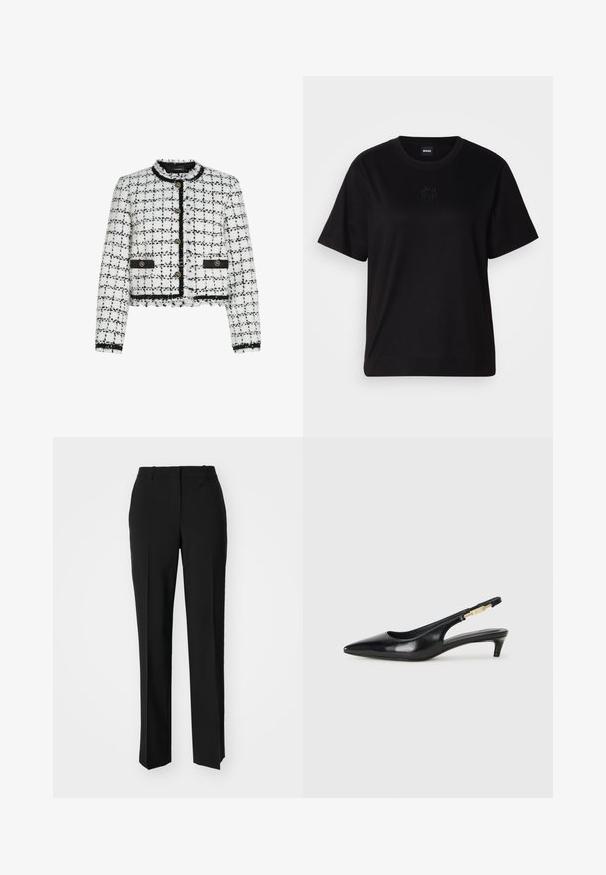 Fehér és fekete tweed dzseki, cropped fazonnal, kerek nyakkivágással, arany gombokkal és fekete díszítésekkel. A szélein ropogós részletek találhatóak, és a felülete texturált.; Fekete pamut póló kerek nyakkivágással, rövid ujjakkal és hímzett logóval a mellkasán. Egyszerű, laza szabás, minta nélkül.; Fekete, testhezálló nadrág egyenes szárú kivitelben, sima textúrával és éles redőkkel az elején. Nincs látható fémalkatrész.; Fekete bőr slingback magassarkúk, hegyes orral, vékony sarkakkal és arany színű részlettel a állítható pánton. Simа felület.