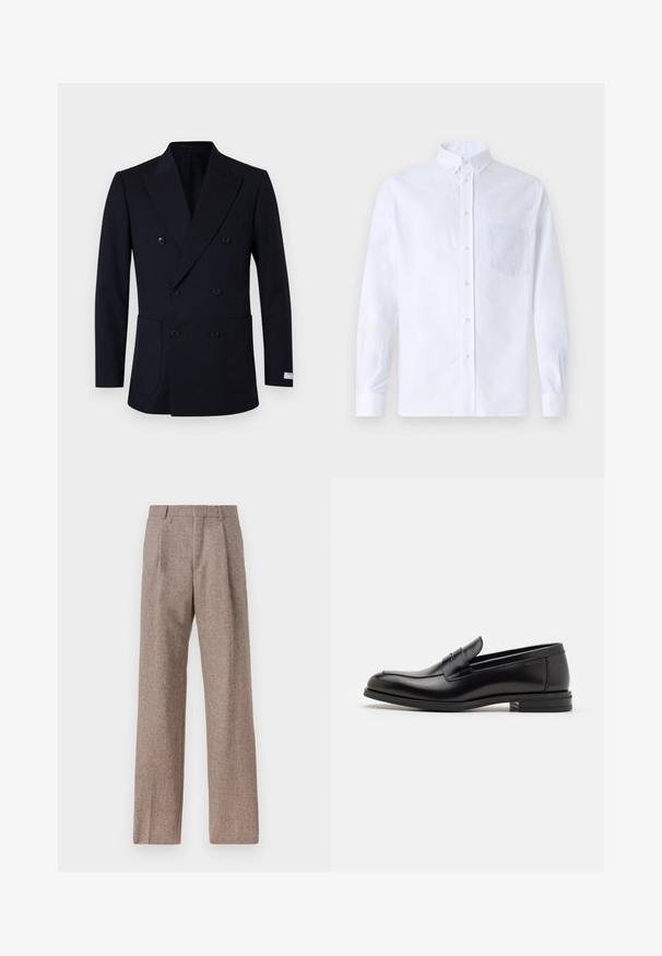 Double-breasted navy blazer with vertical pinstripes, featuring two front pockets, wide lapels, and black buttons.; White long-sleeve button-up shirt made of cotton, featuring a chest pocket with tonal embroidery, a collar, and button cuffs.; Brown, high-waisted trousers made of textured fabric. Features wide legs and two front pleats for structure. Neat finish with no visible hardware.; Black leather loafers with a smooth texture, rounded toe, and a decorative strap across the vamp. Low stacked heel, minimalist design.