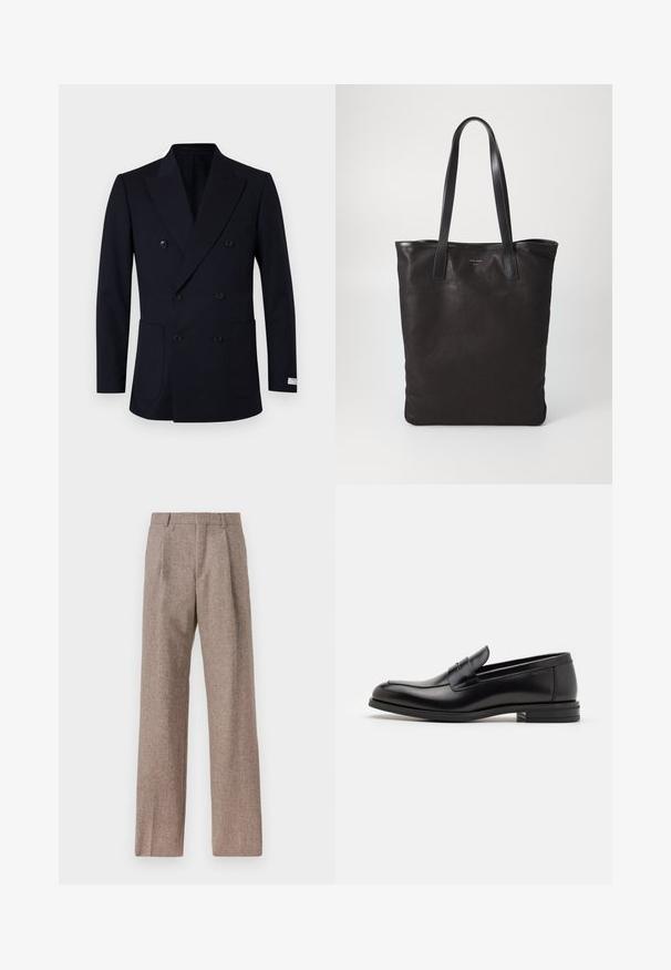 Dviejų eilučių tamsiai mėlynas švarkas su vertikaliomis dryžiais, turintis dvi priekinės kišenes, plačias apykakles ir juodus mygtukus.; Balta ilga rankovė mygtukų marškiniai, pagaminti iš medvilnės, su krūtine kišene ir toniniu siuvinėjimu, apykakle ir mygtukų apvadu.; Rudos, aukšto liemens kelnes, pagamintas iš tekstūruotos medžiagos. Plati kojos, dvi priekinės klostės struktūrai. Tvarkingas apdailos darbai, be matomų detalių.; Juodos odinės loafers, turinčios lygų paviršių, apvalią noselę ir dekoratyvinę juostą per priekinę dalį. Žemas krentantis kulnas, minimalistinis dizainas.; Juodas drobės pirkinių maišelis su juodais odiniais rankenomis. Paprastas dizainas, erdvus kūnas ir lygus paviršius. Nėra matomų logotipų ar raštų.