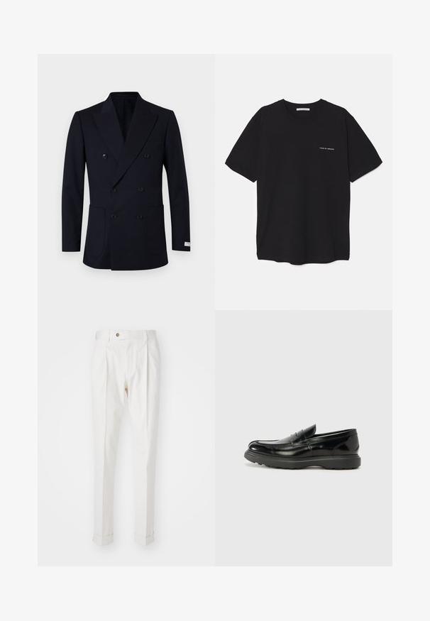 Blazer azul-marinho de duas fileiras de botões com riscas verticais, apresentando dois bolsos frontais, lapelas largas e botões pretos.; T-shirt preta de algodão com gola redonda, mangas curtas e impressão de logó tipo branca no lado esquerdo do peito. Design simples, de cor sólida.; Calças brancas, ajustadas, com frente lisa, duas pregas e bainhas viradas. Feitas de um tecido suave com fecho de botão na cintura.; Mocassim de couro preto com acabamento brilhante, bico arredondado, detalhes de costura subtil e sola de borracha espessa para durabilidade.