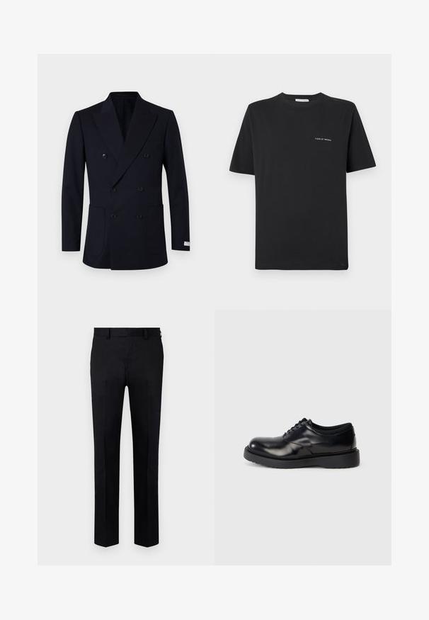 Tümberiga sinine bleiser, millel on vertikaalsed triibud, kaks eesmist taskut, laiad kraed ja mustad nööbid.; Must alune T-särk, ümmarguse kaelusega, lühikeste varrukatega ja väikese valge "TIGER OF SWEDEN" logoga rinnal. Klassikaline lõige.; Musta püksid, mis on valmistatud siledast kangast, sirge sääre disainiga, ees olevate voldikutega ja vööde jaoks silmadega vöökoht. Pole nähtavaid mustreid ega aktsente.; Must mustast lakkpinna jalanõud ümmarguse varbaga, sile pind ja paks kummist tall, millel on peened sooned haardeks.