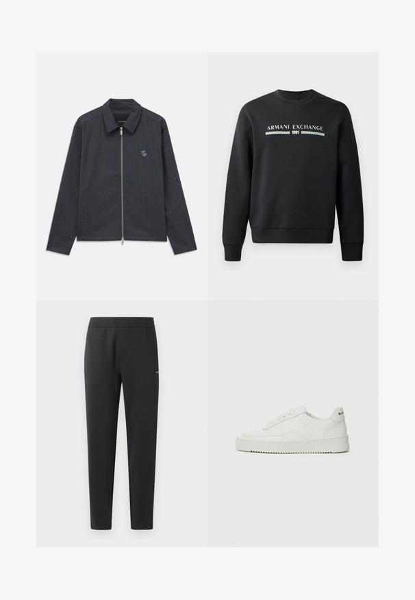 Mørkegrå langærmet jakke med lynlås foran, krave og lille hvid broderet "FP" logo på venstre bryst.; Sort sweatshirt lavet af blødt stof. Har en rund hals og lange ærmer. Forsiden viser "ARMANI EXCHANGE" og "1991" i kontrastfarver.; Sorte joggebukser lavet af blødt stof, med elastisk måle, lige ben og et enkelt lille logo detaljeret på siden.; Hvide lædersneakers med en glat overflade, rund tå, flade snørebånd og en tekstureret sål. Har et diskret logo på hælen.
