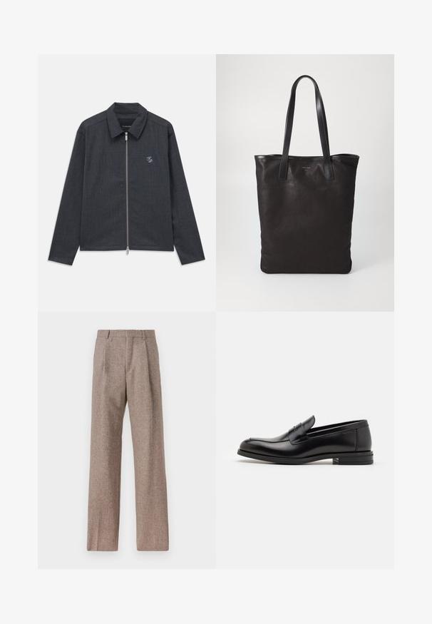 Jachetă lungă, gri închis, cu mâneci lungi, fermoar frontal, guler și un mic logo brodat alb "FP" pe pieptul stâng.; Cămașă albă cu mânecă lungă, din bumbac, prevăzută cu un buzunar pe piept cu broderie tonală, guler și manșete cu buton.; Pantaloni bej, cu talie înaltă, dintr-un material texturat. Prezintă picioare late și două pliseuri frontale pentru structură. Finisaj îngrijit, fără accesorii vizibile.; Mocasini din piele neagră cu o textură netedă, vârf rotund și o curea decorativă peste partea superioară. Toc mic, design minimalist.; Geantă de umăr din pânză neagră cu mânere din piele neagră. Design simplu, corp spațios și textură netedă. Fără logo-uri sau modele vizibile.