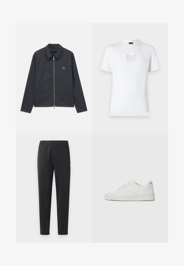 Tummanharmaa pitkähihainen takki, jossa on etuvetoketju, kaulus ja pieni valkoinen brodeerattu "FP"-logo vasemmassa rinnassa.; Valkoinen puuvillapaita, jossa on pyöreä kaula-aukko ja lyhyet hihansuut. Paidassa on etupuolella kultainen EA7 Emporio Armani -logo.; Mustat verkkarit, jotka on valmistettu pehmeästä kankaasta. Niissä on joustava vyötärö, suorat lahkeet ja pieni logo-yksityiskohta sivulla.; Valkoinen nahkakenkä, jossa on sileä pinta, pyöreä kärki, tasaiset nauhat ja teksturoitu pohja. Sisältää huomaamattoman logon kantapäässä.