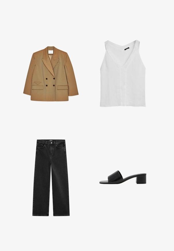 Double-breasted tan blazer with wide lapels, two front flap pockets, dark buttons, and a notched chest pocket on a white background.; Massimo Dutti FLOWING DOUBLE FABRIC GARMENT - Top - white; Wide-leg black denim jeans with a subtle vertical stripe pattern, featuring five-pocket design and a classic button closure at the waist.; Black leather open-toe slide sandal with a wide strap and a solid block heel. Features a smooth texture and minimal design.
