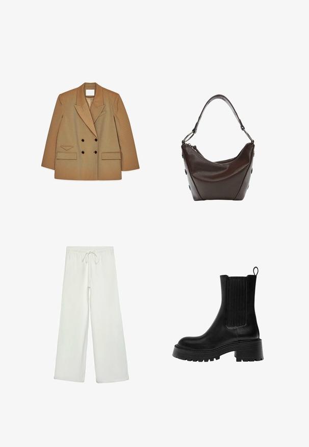 Ljusbrun dubbelknäppt kavaj med breda slag, två framfickor med lock, mörka knappar och en insvängd bröstficka på vit bakgrund.; Vit kortärmad skjorta i mjukt tyg, med rund halsringning och en enkel, minimalistisk design utan synliga mönster eller accent.; Vita vida byxor i mjukt tyg. Har en elastisk midja med dragsko och en slät yta. Inga synliga mönster eller metalldetaljer.; Svart läderankelstövel med en kraftig sula, texturerade sidopaneler och en dragflik. Har en slät yta och en rundad tå.; Mörkbrun läderhandväska med en böjd form, dragkedjsstängning och ett kort handtag. Har metallbeslag och dekorativa svarta knappar på sidan.