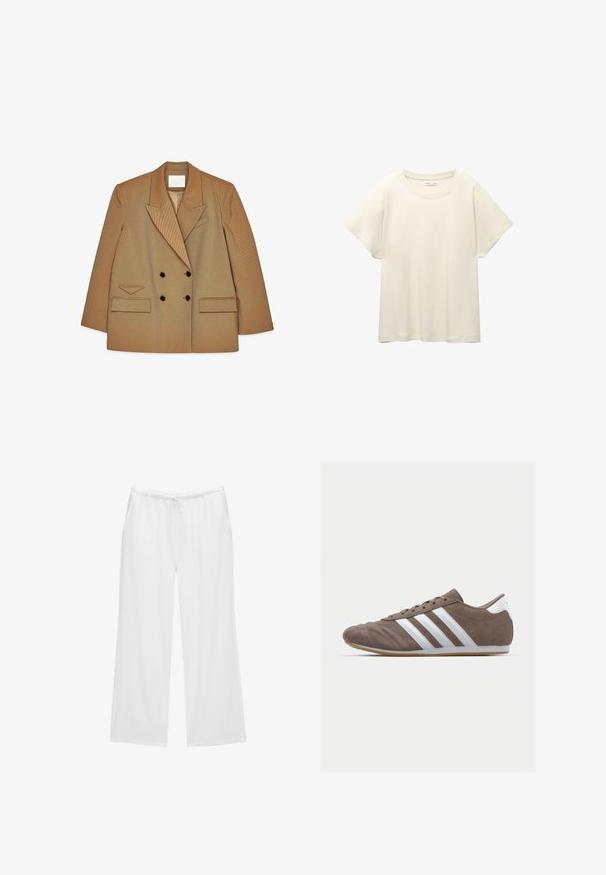 Dubbelzijdige tan blazer met brede revers, twee voorste klepzakken, donkere knopen en een ingeknipte borstzak op een witte achtergrond.; Lichtbeige t-shirt met korte mouwen en een ronde halslijn, gemaakt van zachte, gladde stof. Heeft een ontspannen pasvorm en een rechte zoom.; Witte wijde broekspunten gemaakt van zachte stof, met een elastische tailleband en een koord, en twee zijzakken. Eenvoudig en strak ontwerp.; Bruine suède sportschoen met witte strepen, ronde neus, vetersluiting en gumrubberen zool. Gestructureerde bovenkant met stikseldetails.