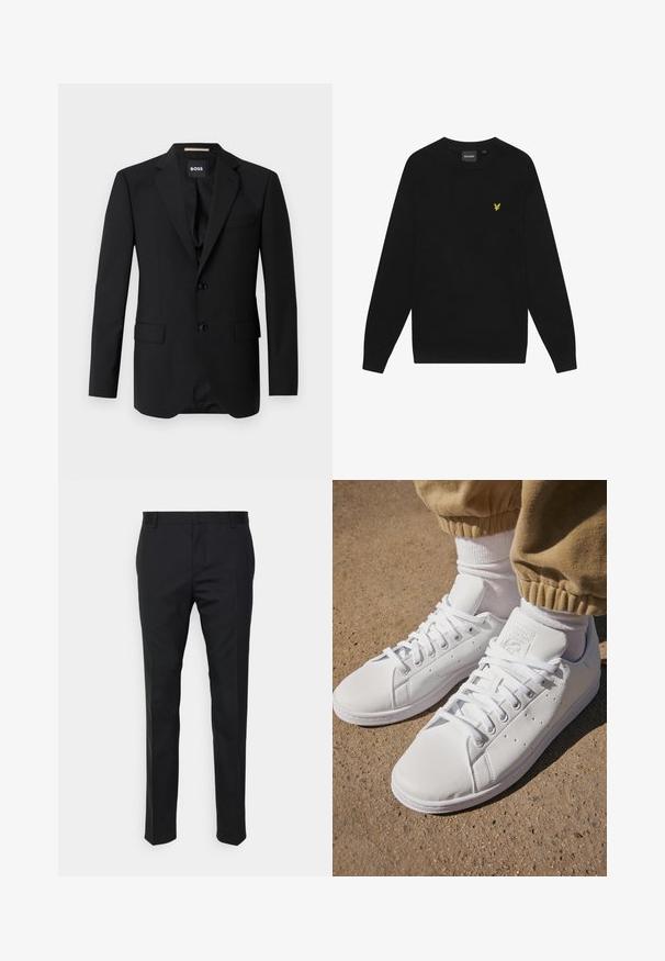 Blazer preto com lapelas em bico, design de botão único, dois botões e dois bolsos frontais. Tecido suave e corte ajustado.; Sweatshirt de algodão preto com mangas longas e decote redondo. Apresenta um pequeno logótipo de águia amarela no peito. Textura suave.; Calças pretas sob medida com um corte reto, feitas de um tecido suave. Apresentam passadores de cinto e um detalhe de pregas na parte da frente.; Sapatilhas brancas de couro com uma superfície suave, apresentando um design clássico com atacadores, perfurações para respirabilidade e uma sola de borracha texturizada.