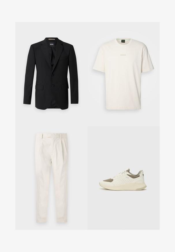 Musträärige must bleiser, millel on narmastega krae, ühesuunaline disain, kaks nuppu ja kaks eesmist taskut. Sile kangas ja täpne istuvus.; BOSS TEE - Lihtne T-särk - open white; Valged volditud püksid, mis on kohandatud sobivusega, sujuva tekstuuriga, vööloopidega ja kitsenevate jalgadega. Pole nähtavaid taskuid ega mustreid.; Valge ja heledat beeži värvi spordijalats, millel on õhuke võrkmaterjal, perforatsioonidega detailid ning tekstuuriga vahetald, millel on brändi logo kannaosas.
