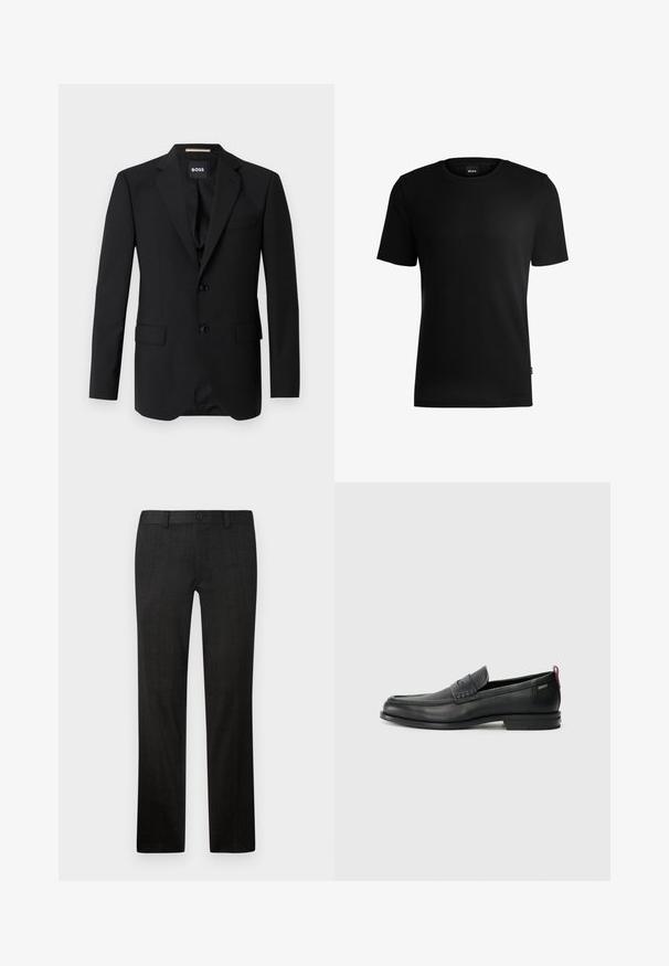 Juodas švarkas su iškirptomis apykaklėmis, vieno sagos dizainas, dvi sagos ir dvi priekinės kišenės. Lygus audinys ir pritaikytas siluetas.; Juodas trumpomis rankovėmis marškinėliai, pagaminti iš tekstūruotos medžiagos, su apvaliu iškirpimu. Savybės: logotipo etiketė apatinėje pusėje.; Juodos pritaikytos kelnės, pagamintos iš tekstūruotos medžiagos, su tiesiais sijonais, priekiniais užtrauktukais ir mygtuko uždarymu.; Juodi odiniai loafersai su tekstūruotu priekinės dalies panele ir lygiomis šoninėmis dalimis. Yra plonas kulnas ir užpakalinė kilpa patogiam užsidėjimui. Klasikinis dizainas.
