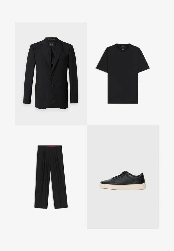 Svart kavaj med spetsiga slag, enfärgad design, två knappar och två framfickor. Slät tyg och skräddarsydd passform.; Svart kortärmad T-shirt i en mjuk bomullsblandning, med rundad halsringning och en minimalistisk design utan mönster eller detaljer.; Svarta vida byxor med slät front, två sidofickor, veckad design och en kontrasterande röd midjeresår.; Svart låg skor i läder med svarta snören och off-white sula, visas i sidoprofil på vit bakgrund.