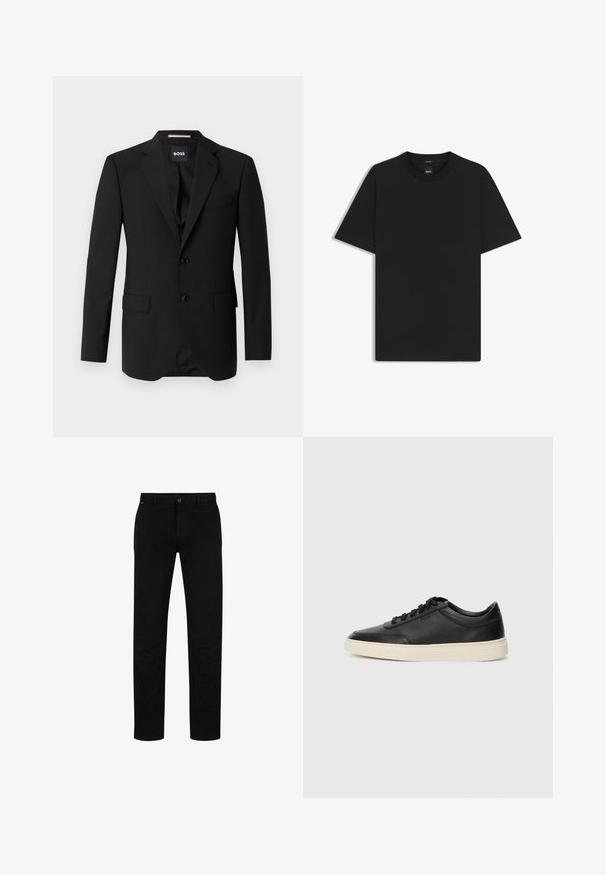 Svart kavaj med spetsiga slag, enfärgad design, två knappar och två framfickor. Slät tyg och skräddarsydd passform.; Svart kortärmad T-shirt i en mjuk bomullsblandning, med rundad halsringning och en minimalistisk design utan mönster eller detaljer.; Svarta bomullsbyxor med rak passform, med knappstängning, bälteshällor och minimalistisk design. Slät textur, utan mönster.; Svart låg skor i läder med svarta snören och off-white sula, visas i sidoprofil på vit bakgrund.
