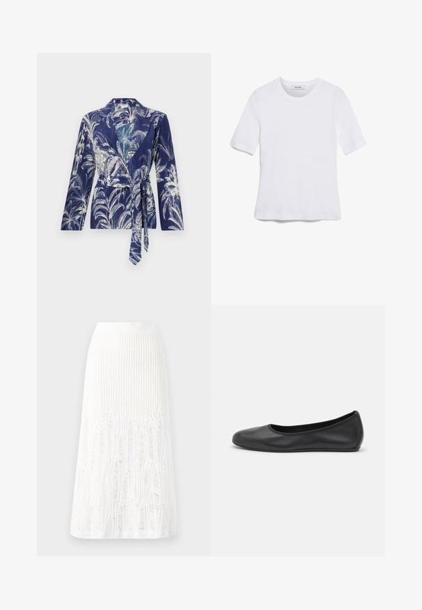 Mornarica bluza s belim cvetnim dezenom, krojena zasnova, dolgi rokavi in pas. En gumb za zapiranje, gladka tekstura, ovratnik s klapnom.; Bela kratka majica s kratkimi rokavi iz rebrastega materiala. Okrogla ovratnica, običajen kroj in subtilni šivi. Brez vzorcev ali grafik.; Trikotažna bela midi krila z teksturiranim vzorcem s pokončnimi črtami in izrezi blizu roba. Elastičen pas. Mehka tkanina.; Črne usnjene balerinke z zaobljenim nosom, gladko teksturo, minimalnimi šivi in fleksibilno zasnovo podplata.