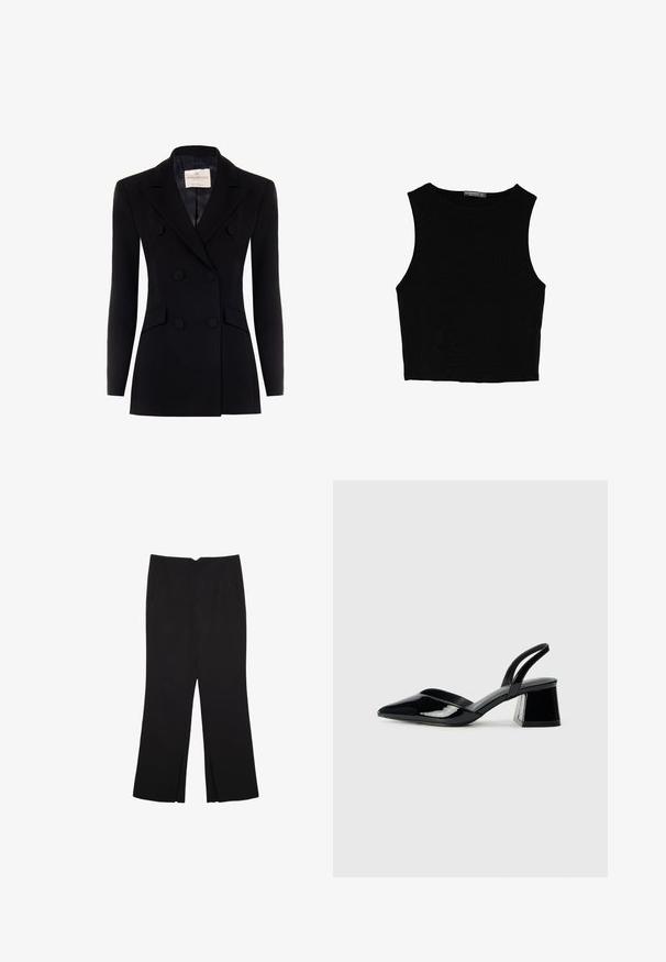 Schwarzer doppelt geknöpfter Blazer mit langen Ärmeln, eingeklappten Revers, zwei Vorderaschen und mit Stoff bezogenen Knöpfen. Glatte Textur, taillierte Passform.; Schwarzes ärmelloses Crop-Top aus glattem Stoff, mit rundem Ausschnitt und einem klaren, schlichten Design ohne Muster oder Beschläge.; Schwarze Hose mit geradem Schnitt, ausgestattet mit Fronttaschen und Seitenschlitzen am Saum. Hergestellt aus weichem, glattem Stoff. Geeignet für verschiedene Anlässe.; Schwarze Lackleder-Slingback-High Heels mit spitzem Schuh und einem geometrischen Blockabsatz. Verfügt über ein schlankes, minimalistisches Design und eine glatte Textur.