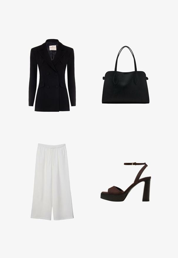 Blazer nero doppiopetto con maniche lunghe, revers a punta, due tasche frontali e bottoni rivestiti in tessuto. Texture liscia, vestibilità su misura.; T-shirt bianco a maniche corte realizzato in cotone. Presenta un collo tondo e una vestibilità rilassata. Texture liscia senza motivi o dettagli visibili.; Pantaloni bianchi a gamba larga realizzati in tessuto leggero, dotati di una vita elastica e di un cordino per una vestibilità regolabile. Texture liscia.; Sandal in camoscio marrone con tacco alto, punta aperta, cinturino alla caviglia regolabile e suola a piattaforma striata.; Borsa a mano in pelle nera con doppio manico, forma rettangolare e design minimalista su sfondo bianco.