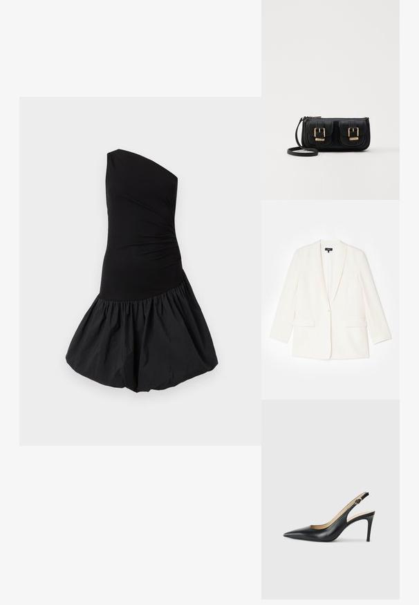 Valge bleiser, mis on valmistatud struktureeritud kangast, ühe nupuga kinnituse, sakiliste krae ja kahe esipocketiga. Kohandatud lõige, pikad varrukad.; Ühe õlavarre must kleit, millel on istuv kehaosa ja volditud, volüümikas seelik. Valmistatud siledast, kergegusest kootud kangast, millel on mati viimistlusega pinna.; Mustad nahast seljataga kõrged kontsad, kellel on terav varvas, reguleeritav rihm ja sujuva viimistlusega stiilne stiletto konts.; Must küllastamata nahast õlakott, millel on kaks esist nähtavat taskut, kuldsed pandlad, tõmblukuga sulgemine ja peen rihm. Tekstuuriga pind ja kompaktne ristkülikukujuline kuju.