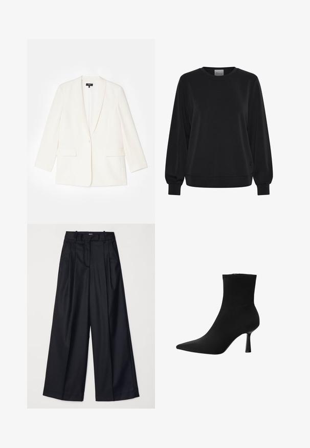 Biely blejzer vyrobený z textúrovanej látky, s jedným gombíkom na zapínanie, klopovými revermi a dvoma prednými vreckami. Strih priliehajúci k telu, dlhé rukávy.; Čierna mikina s dlhými rukávmi, okrúhlym výstrihom a rebrovanými manžetami. Má hladkú textúru a jemný detail loga vpredu.; Čierne široké nohavice vyrobené z hladkej tkaniny, so zvýšeným pásom, plisovaním a strihom na mieru. Jednoduché čierne kovanie v oblasti pásu.; Čierne členkové čižmy z hladkej látky, s špicatou špičkou a štíhlým stiletto podpätkom, s bezšvovým dizajnom a bez viditeľných kovových častí.