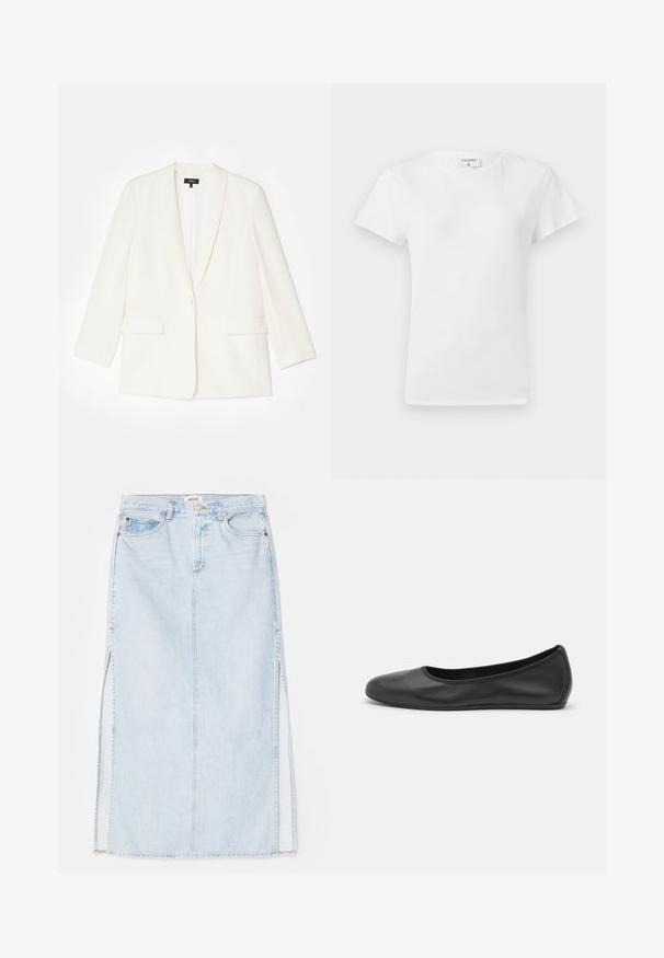 Biely blejzer vyrobený z textúrovanej látky, s jedným gombíkom na zapínanie, klopovými revermi a dvoma prednými vreckami. Strih priliehajúci k telu, dlhé rukávy.; Biela bavlnená tričko s okrúhlym výstrihom a krátkymi rukávmi, s voľným strihom a minimalistickým dizajnom. Nálepka viditeľná na krku.; Svetlo modrá dlhá riflová sukňa so strihom na rovno, s bočnými rozparkami a dizajnom s piatimi vreckami. Výrazné prešívanie a kovový zips na zapínanie.; Čierne kožené baleríny s okrúhlou špičkou, hladkým povrchom, minimálnym prešívaním a flexibilným dizajnom podrážky.