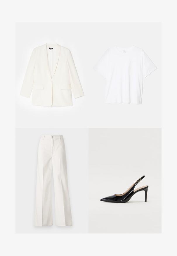 Valge bleiser, mis on valmistatud struktureeritud kangast, ühe nupuga kinnituse, sakiliste krae ja kahe esipocketiga. Kohandatud lõige, pikad varrukad.; Valge puuvillane T-särk lühikeste varrukatega, ümmargune kaelus, mugav lõige ja õmmeldud serv. Silt nähtav kaela seest.; Valged laiade jalgadega püksid, mis on valmistatud siledast puuvillast. Omab esitallist ning lukuga sulgemist ja nelja tasku disaini.; Must hõbedavärvi patendiga slingback kontsakingad terava varbaga, kitsas konts ja peene lõikega disain. Statistika on kuldne pandla rihmal.