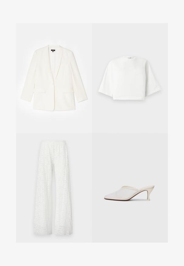 Balts žakets, kas izgatavots no teksturēta auduma, ar vienu pogu, pauguriem un divām priekšējām kabatām. Pielāgota piegriezuma, garām piedurknēm.; Balts īsais krekls ar brīvu piegriezumu, platām īsām piedurknēm, apaļu kakla izgriezumu un sānu šķērsojumiem, izgatavots no mīksta kokvilnas auduma.; Baltās, platās bikses ar elastīgu jostiņu, kurām visā audumā ir teksturēts, ziedu mežģīņu raksts.; Baltas austs punka purngals mūlis ar šauru vidēji augstu papēdi un uzvelkamu dizainu uz vienkārša fona.