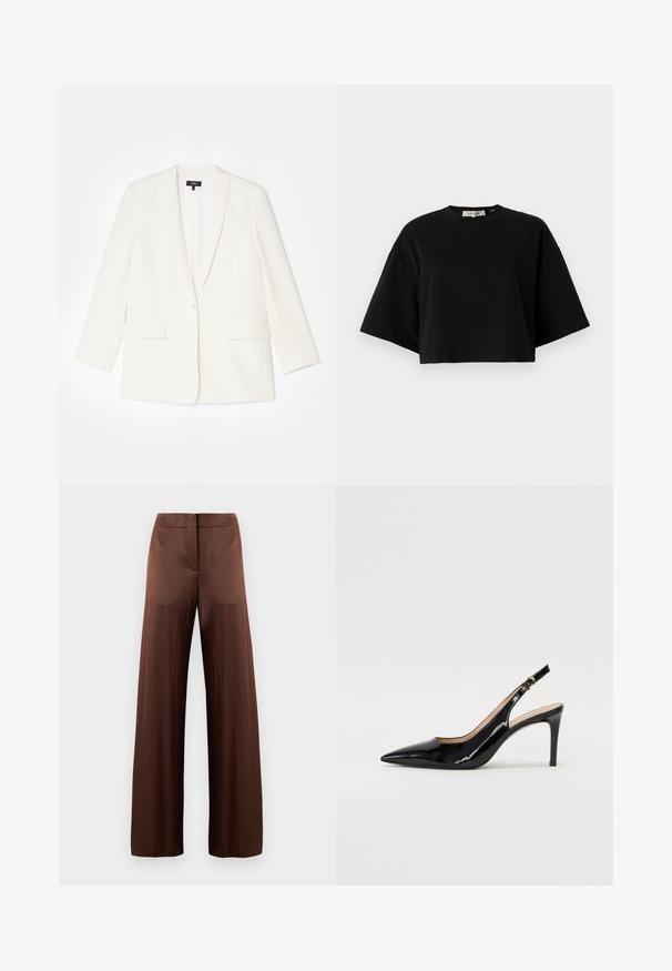 Valge bleiser, mis on valmistatud struktureeritud kangast, ühe nupuga kinnituse, sakiliste krae ja kahe esipocketiga. Kohandatud lõige, pikad varrukad.; Must musta lühike T-särk, mis on valmistatud puuvillast, ümmarguse kaelusega ja lühikeste, laia lõikega varrukatega, mis tagavad vabalt voolava istuvuse. Sile tekstuur, lihtne disain.; Pruunid laiad püksid, mis on valmistatud siledast ja kergest kangast, laia esiosa, ilma taskuteta ja otsejooneliselt disainitud.; Must hõbedavärvi patendiga slingback kontsakingad terava varbaga, kitsas konts ja peene lõikega disain. Statistika on kuldne pandla rihmal.