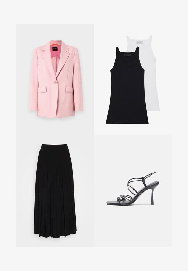 Blazer rosa claro con un solo botón, solapas al corte y dos bolsillos delanteros. Tela suave con un ajuste entallado y sin patrones visibles.; Dos camisetas sin mangas en negro y blanco. Están hechas de una tela suave y elástica con una textura acanalada y un diseño ajustado. Cuentan con tirantes estrechos.; Falda negra con plisados y una cinturilla alta y elástica. Fabricada en una tela suave, presenta plisados verticales que crean una silueta fluida.; Las sandalias negras de tacón alto presentan finas correas con un diseño anudado, una punta cuadrada suave y un elegante tacón de aguja.