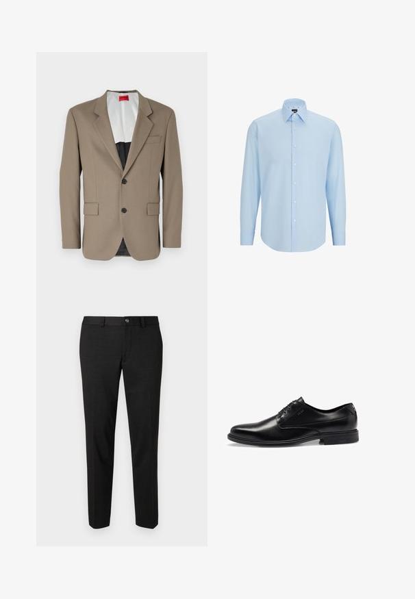 Ruskea bleiseri, joka on valmistettu teksturoidusta kankaasta, yksirivinen malli, kahdella etutaskulla ja levennetty kaulus. Vuori kontrastiväreissä.; Vaaleansininen pitkähihaisen paita, joka on valmistettu sileästä kankaasta. Paidassa on nappi-etuosa, terävä kaulus sekä normaali istuvuus.; Mustat housut, jotka on valmistettu sileästä kankaasta. Niissä on suora leikkaus, litteä etuosa ja nappikiinnitys yksinkertaisella vyötärönauha-muotoilulla.; Musta nahkakengät, joissa on sileä pinta, nauhakiinnitys, pyöristetty varvaskohta ja hienovaraiset tikkauskohteet. Varustettu mustalla kumipohjalla.