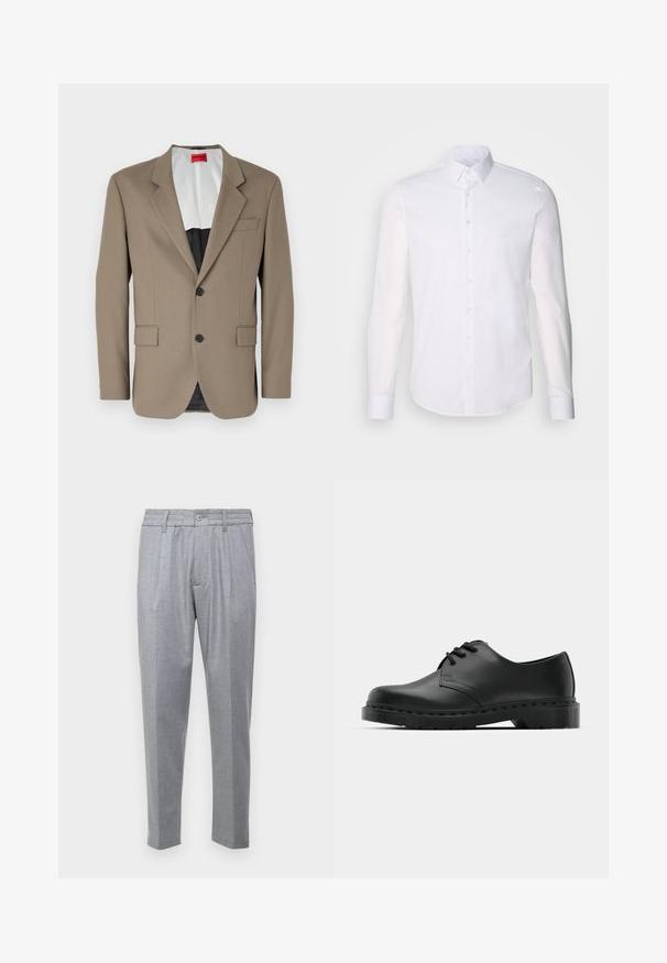 Brun blazer lavet af tekstureret stof, med en enkelt knap, to forlommer og en skrå krave. Foring i kontrastfarver.; Hvid langærmet button-up skjorte lavet af bomuld, med en klassisk krave, frontknapper og minimal syning detalje.; Lys grå bukser i et struktureret stof, med folder, en klassisk talje og smalle ben. Knaplukning foran.; Sorte læder oxford-sko med snørebåndsdesign, rund tå, flad gummisål og subtil syning langs overdelen.