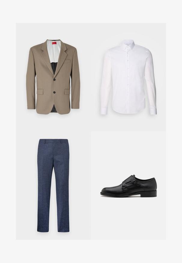 Brown blazer made of textured fabric, featuring a single-breasted design, two front pockets, and a notched lapel. Lining in contrasting colors.; White long-sleeve button-up shirt made from cotton, featuring a classic collar, front buttons, and minimal stitching detail.; Navy blue trousers made from a textured fabric, featuring straight legs, a flat front, and two side pockets. No visible patterns or accents.; Black leather dress shoe with dual buckles, sleek silhouette, and round toe. Features a low heel and smooth texture.