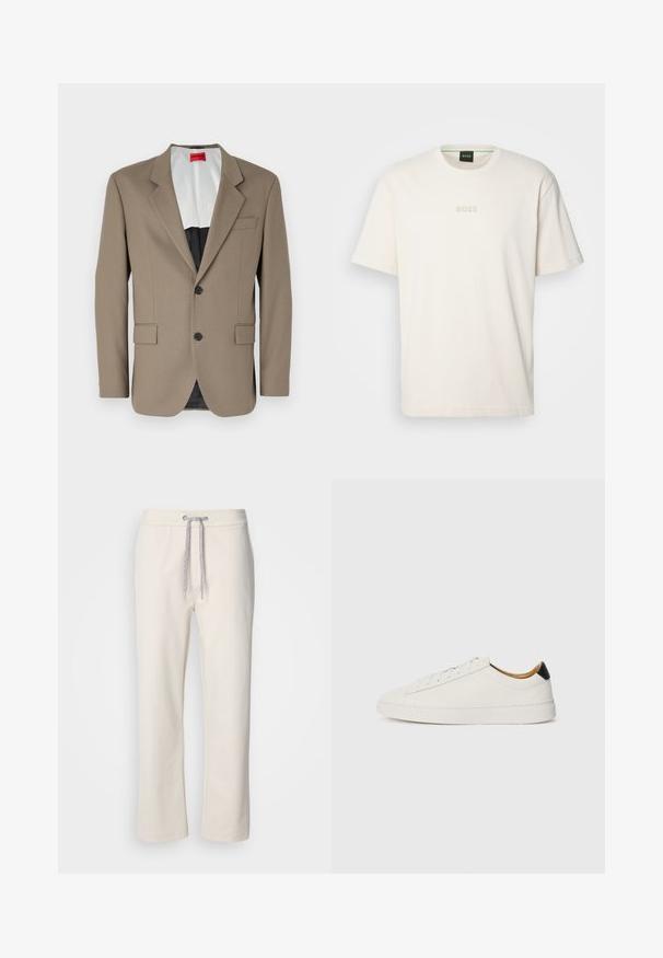 Smeđi blejzer od teksturiranog materijala, s jednoprednjim dizajnom, dva prednja džepa i oštrim reverom. Podstava u kontrastnim bojama.; BOSS TEE - Osnovna majica kratkih rukava - open white; Kremaste ležerne hlače s pojasom na vezanje i ravnim nogavicama, prikazane na jednostavnoj bijeloj pozadini.; Bijela tenisica s glatkim kožnim gornjištem, okruglim vrhom i ravnim potplatom. Crni akcent na peti, s tonu zavozicama i minimalnim brendiranjem.