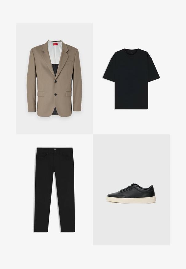 Brown blazer made of textured fabric, featuring a single-breasted design, two front pockets, and a notched lapel. Lining in contrasting colors.; Black cotton t-shirt with a round neckline and short sleeves. Features a loose fit and a simple design without patterns or accents.; Black denim trousers with a straight cut, featuring a standard waistband, five pockets, and a button closure. Smooth texture throughout.; Black low-top leather sneaker with black laces and off-white sole shown in side profile on white background.