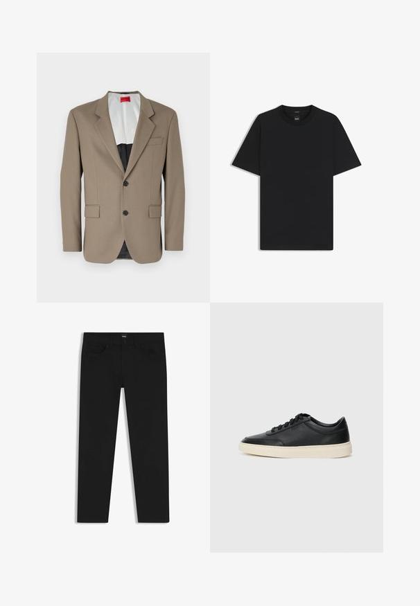 Ruskea bleiseri, joka on valmistettu teksturoidusta kankaasta, yksirivinen malli, kahdella etutaskulla ja levennetty kaulus. Vuori kontrastiväreissä.; Musta lyhythiha T-paita, joka on valmistettu sileästä puuvillasekoitteesta. Paita on varustettu pyöreällä pääntiehen ja siinä on minimaalinen muotoilu ilman kuvioita tai yksityiskohtia.; Musta farkkutakki suoran leikkauksen kanssa, varustettuna tavallisella vyötäröllä, viidellä taskulla ja nappisulkimella. Yhtenäinen sileä pinta.; Musta matalavartinen nahkastretchu, jossa on mustat nauhat ja vaaleanharmaa pohja, esitetty sivuprofiilissa valkoista taustaa vasten.