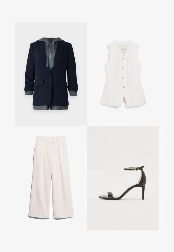 Jūras spēku bleizera ar pelēku kapuci iekšējā slānī; tam ir rāvējslēdzis, divas priekšējās kabatas un ribotas aproces, lai piešķirtu papildu tekstūru.; Balta bezpiedurkņu veste ar piegulošu dizainu, sešām apaļām pogām un divām priekšējām kabatām. Izgatavota no gludas materiāla ar tīru apdari.; Platām kājām bikses gaiši krēmkrāsā, izgatavotas no gludas auduma ar divām priekšējām kabatām un redzamu dūrienu josta.; Melnas ādas augstpapēžu sandales ar potītes siksniņu. Iezīmes gluda tekstūra, atvērta purngala un plāna papēža. Zelta krāsas sprādzes detaļa.