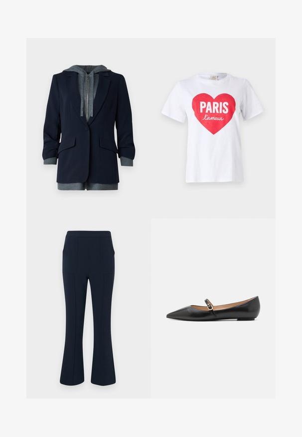 Jūrininkų bleizeris su pilku gaubtu; turi užtrauktuką, dvi priekinės kišenes ir struktūruotus rankogalius, kurie suteikia papildomo tekstūros.; Balta medvilninė marškinėlių su dideliu raudonu širdies grafiniu piešiniu, su užrašu "PARIS" didelėmis baltomis raidėmis, o žemiau mažesnėmis rašmenimis yra "l'amour". Trumpomis rankovėmis.; Tamsiai mėlynos plačios kelnės su dviem priekinėmis kišenėmis, pagamintos iš sklandžios, elastingos medžiagos, su prigludusia juosmens linija ir švariomis linijomis.; Juodos odinės baleto bateliai su smailiu pirštu ir šoniniu dirželiu, papuoštu apvaliu auksiniu akcentu. Lengvi su plokščiu padu.