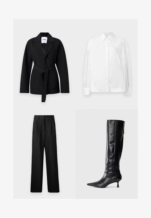 Black blazer with a notched lapel, tie waist, and front pockets. Made from soft fabric, featuring a smooth texture and tailored fit.; White long-sleeve button-up shirt in a smooth cotton blend. Features a classic collar, front button closure, and rounded cuffs.; Black wide-leg trousers with a smooth texture, featuring front pleats and a high waist design. Made from a lightweight fabric.; Black leather knee-high boot with a pointed toe and slim curved heel. Smooth texture, fitted design, and no visible hardware or patterns.