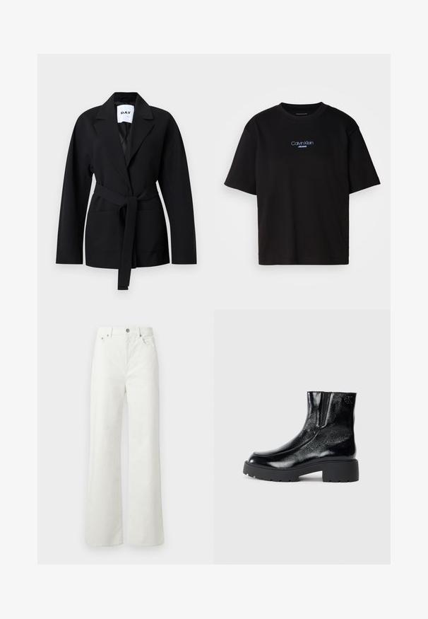Svart kavaj med jackslag, knytband i midjan och framfickor. Tillverkad av mjukt tyg med slät textur och skräddarsydd passform.; Svart bomulls T-shirt med rund nacke, korta ärmar och blå broderad "Calvin Klein JEANS" logotyp på framsidan.; Samsøe Samsøe SHELLY - Jeans relaxed fit - clear cream; Svarta anklar stövlar med en glänsande lackläderfinish, kraftig svart gummisula och upphöjd klack; inkluderar subtil logotypdetalj på sidan.