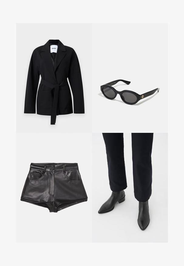 Črni blazer z urezanim ovratnikom, pasom za zavezovanje in sprednjimi žepi. Iz mehkega materiala z gladko teksturo in krojenim prileganjem.; Črna kratka majica iz bombaža, z okroglo izjemo in kratkimi, širokimi rokavi za ohlapen kroj. Gladka tekstura, preprost dizajn.; Črne hlače iz umetnega usnja s visokim pasom, ki vključujejo dva sprednja žepa, vidno šivanje in gladko teksturo.; Črne usnjene gležnjarje s koničastim nosom, blokastim petami in strukturiranimi stranskimi paneli, oblečene z temnimi hlačami proti beli podlagi.; Črne ovalne sončna očala s temnimi lečami in sijočim plastičnim okvirjem. Imajo zlat logo na robu, kar ponuja eleganten in sodoben oblikovalski pristop.