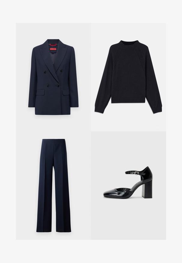 MAX&Co. OBOE - Suknjič - blau; Temno modra majica s krožnim izrezom, dolgimi raglan rokavi, rebrastimi manšetami in ravnim robom. Narejena iz mehke, teksturirane pletene tkanine.; Hlače širokega kroja v temno modri tkanini, z gladko teksturo, diskretno sprednjo gubo in prilegajočim pasom za eleganten videz.; Črne lakirane usnjene čevlje s peto, kvadratnim izrezom, trakovi okrog gležnja in masivno peto. Vsebujejo perforirane detajle ob robu.