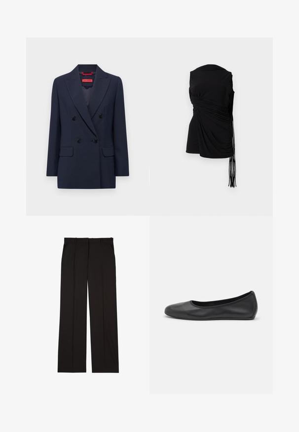 MAX&Co. OBOE - Kratka jakna - blau; Crni top bez rukava s drapiranim materijalom, bočnim nabiranjem i produženim resicama, s glatkom teksturom i prilagođenim siluetom.; Crne krojene hlače izrađene od glatkog materijala, s ravnim krojem i dva bočna džepa. Elegantna i minimalistička konstrukcija.; Crne kožne baletanke s zaobljenim vrhom, glatke teksture, minimalnim detaljima šavova i fleksibilnim dizajnom potplata.