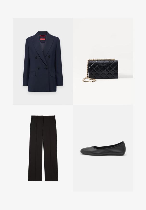 MAX&Co. OBOE - Blazer - blau; White short-sleeve t-shirt made of ribbed fabric. Round neckline, regular fit, and subtle stitching details. No patterns or graphics.; Black tailored trousers made of a smooth fabric, featuring a straight-leg design, and two side pockets. Elegant and minimalistic construction.; Black leather ballet flat with a rounded toe, smooth texture, minimal stitching detail, and a flexible sole design.; Black quilted leather handbag with a gold chain strap, featuring a logo accent on the front and a rectangular shape.