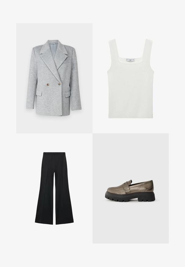 Sivi sako s kombinacijom vune, dvostrukog kopčanja, sa krojem koji se dobro prilagođava tijelu, oštrim kragnom i dva prednja džepa. Ima smeđe gumbe kao ukrase.; Bijela, rebrasta majica bez rukava s kvadratnim izrezom i širokim naramenicama, izrađena od mekanog, rastezljivog materijala. Oznaka vidljiva iznutra.; Crne široke hlače s glatkom teksturom, koje imaju prednje nabore i kroj po mjeri. Tkanina je lagana i lepršava.; Metalne maslinasto zelene kožne mokasine s zaobljenim vrhom, crnom masivnom gumom potplatom i minimalnim šavnim detaljima na gornjem dijelu.