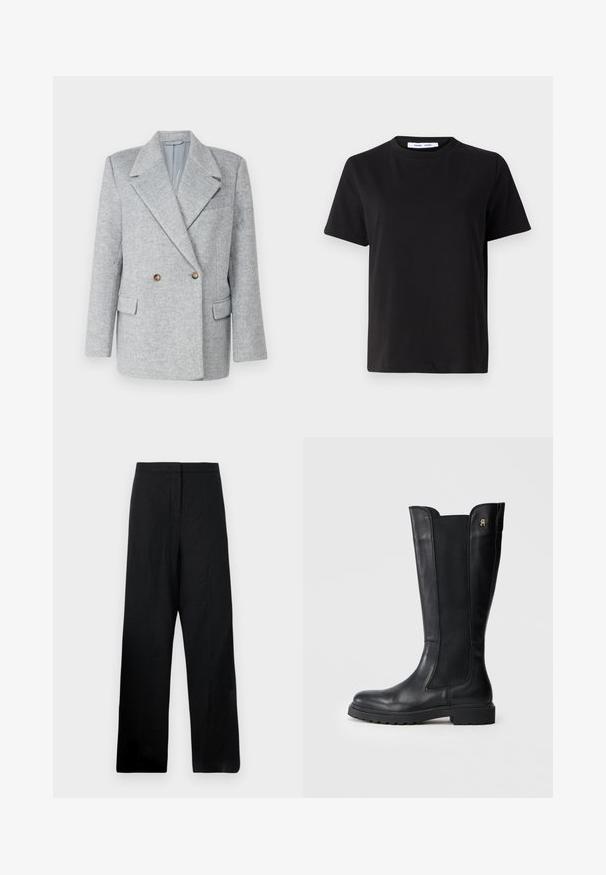 Šedý dvojradový blazer z vlnenej zmesi s prispôsobeným strihom, ostrým golierom a dvoma prednými vreckami. Obsahuje hnedé gombíkové akcenty.; Čierne tričko s krátkym rukávom vyrobené z mäkkej bavlny, s okrúhlym výstrihom, uvoľneným strihom a hladkou štruktúrou. Žiadne viditeľné vzory ani grafika.; Čierne široké nohavice vyrobené z ľahkej tkaniny. Majú hladkú textúru, vysoký pás a minimálne švy.; Čierna kožená vysoká čižma po kolená s elastickými bočnými panelmi, zaoblenou špičkou, hrubou podrážkou a malým logom na vonkajšej strane.