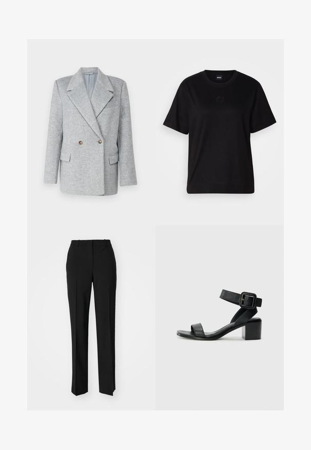 Hallide hallide segust tumehalli ülikond, millel on kohandatud disain, terav krae ja kaks esikotid. Kaunistatud pruuni nööbi aktsendiga.; Mustmust särk, millel on ümar kaelus, lühikesed varrukad ja tindiga tikitud logo rinnal. Lihtne, mugav lõige ilma mustriteta.; Mustad ja sirged püksid, millel on sile tekstuur ja teravad voldid esiosas. Ilma nähtavate detailideta.; Must mustlastest mustaala sandaal, millel on reguleeritav pahkluu rihm, avatud varvaste disain ja ruudukujuline plokknina. Sujuv tekstuur, minimalistlik stiil.