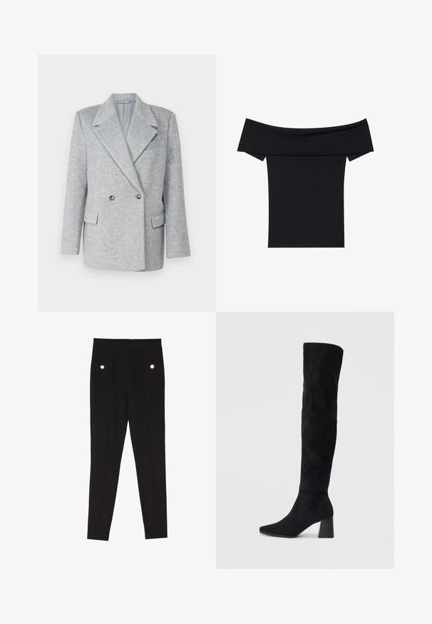 Blazer double boutonnage en mélange de laine gris avec une coupe ajustée, un col pointu et deux poches avant. Présente des boutons marron en accent.; Haut noir à épaules dénudées en tissu extensible doux. Présente des manches courtes et une silhouette ajustée. Design simple et sans couture.; Pantalons noirs bien coupés avec une texture lisse, dotés de deux poches avant avec des accents en matériel décoratif, et un design ajusté.; Botte noire en daim montée jusqu'au genou, avec un talon bloc, un bout pointu et un design lisse et sans couture sur un fond clair.