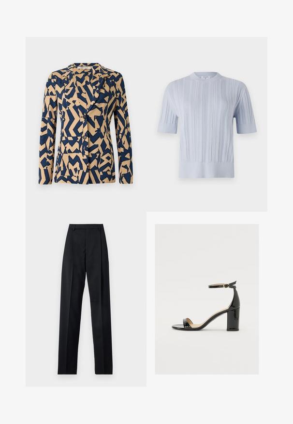 Jakna u tamnoplavoj i bež boji s apstraktnim uzorkom u obliku cik-caka, s jednim redom dugmadi, rever kragnom i dva dugmeta. Mekana tkanina.; Svijetloplava kratkotrajna pletena majica s kratkim rukavima koja ima vertikalnu rebrastu teksturu i okrugli izrez. Tkanina pokazuje suptilne detalje s uskim rubom.; Crne hlače od glatkog materijala s visokim strukom, širokim nogavicama, prednjim pregibima i klasičnim petljama za remen. Nema vidljivih bočnih džepova.; Crne lakirane sandale s širokim potpeticama, otvorenim prstima i remenom oko gležnja s zlatnom kopčom. Glatka tekstura i elegantan dizajn.