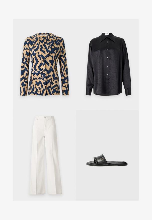 Giacca blu navy e beige con un motivo astratto a zigzag, design monopetto, colletto a scollo e due bottoni. Tessuto morbido.; Camicia nera a maniche lunghe con colletto, caratterizzata da una texture stropicciata, chiusura frontale con bottoni e polsini. Realizzata in un tessuto morbido.; Pantaloni bianchi a gamba larga realizzati in cotone con una texture liscia. Presentano un bottone anteriore, una zip e un design a quattro tasche.; Sandal in pelle nera con dettaglio a strappo intrecciato, suola piatta e design elegante. Texture liscia e profilo minimalista.